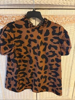 SHEIN Brown and Black Leopard Print Puff Sleeve Blouse